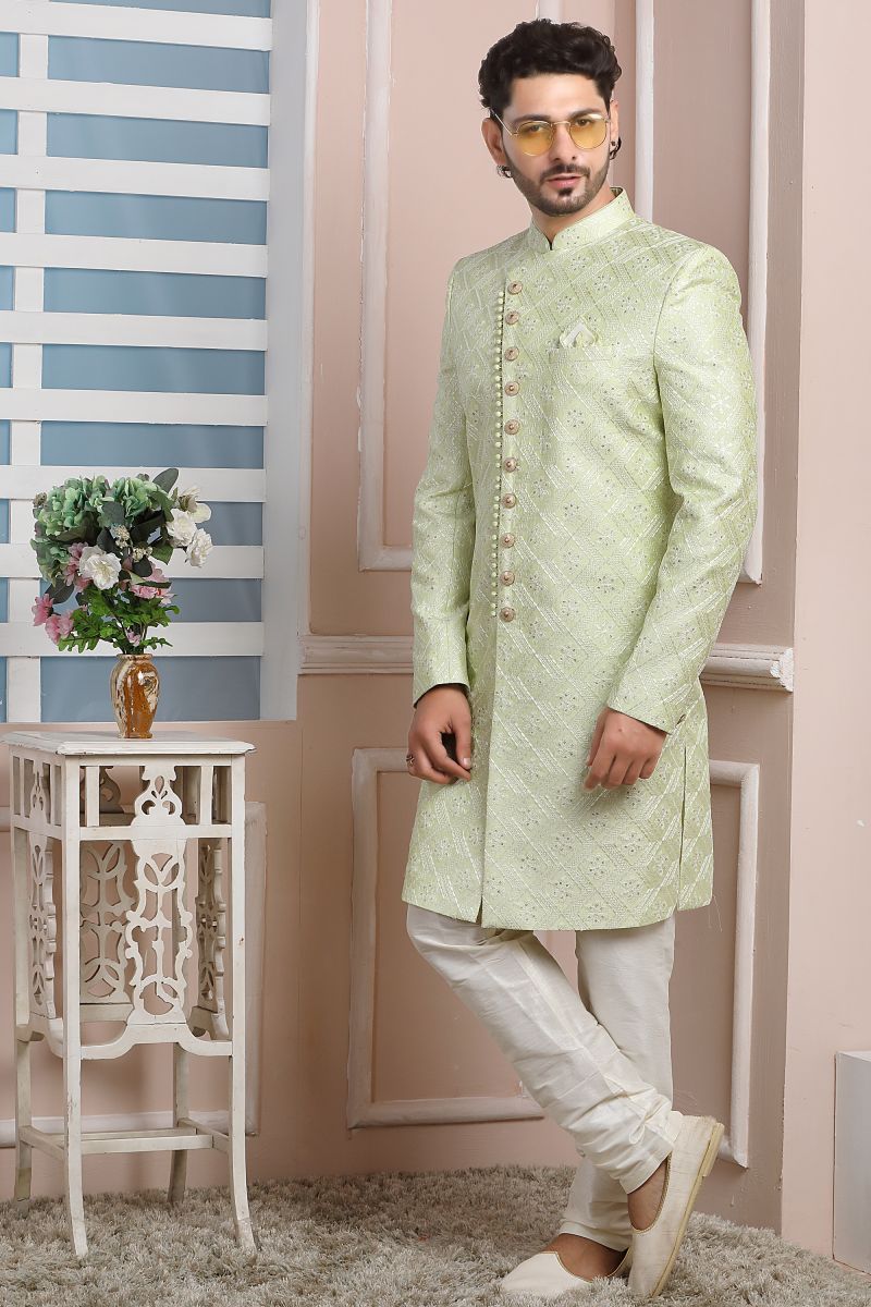 Sea Green Color Art Silk Wedding Function Fashionable Readymade Indo Western For Men