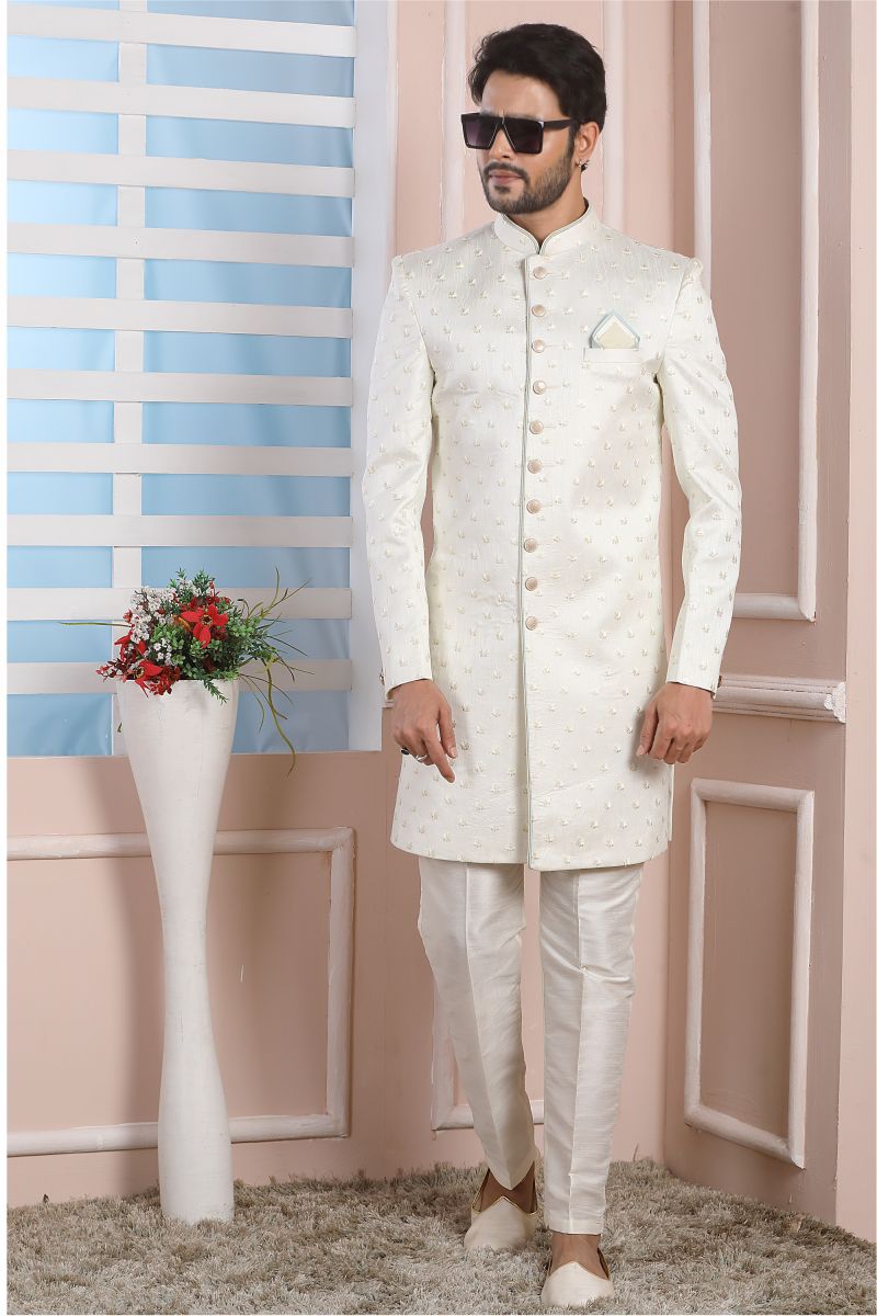 Art Silk Stunning Cream Color Wedding Wear Readymade Men Indo Western 