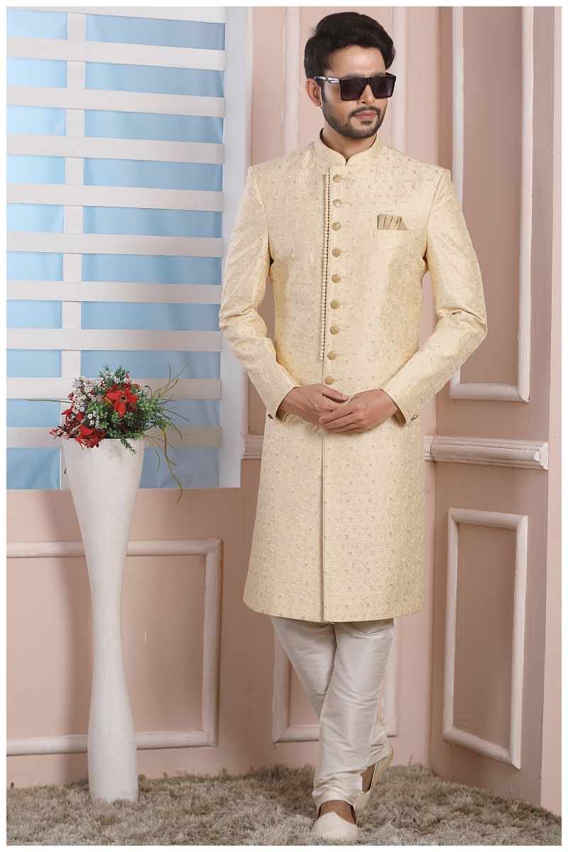 Cream Color Art Silk Wedding Wear Readymade Indo Western For Men