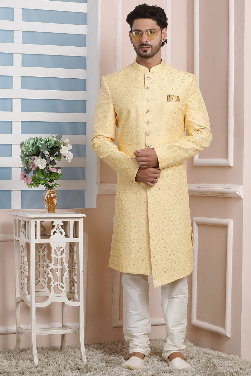 Art Silk Yellow Color Festive Wear Readymade Stunning Indo Western For Men