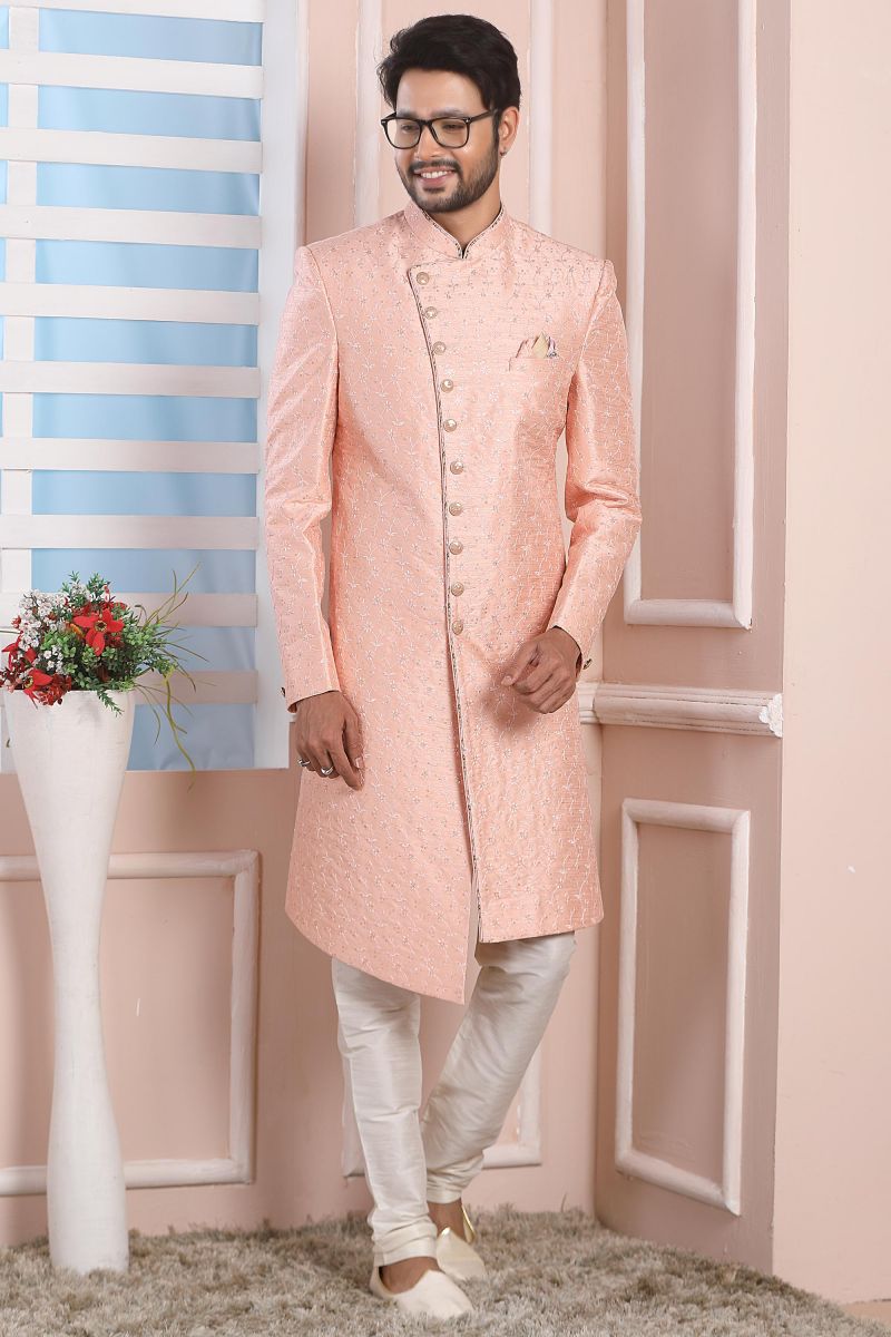 Pink Color Wedding Wear Readymade Lovely Art Silk Indo Western For Men