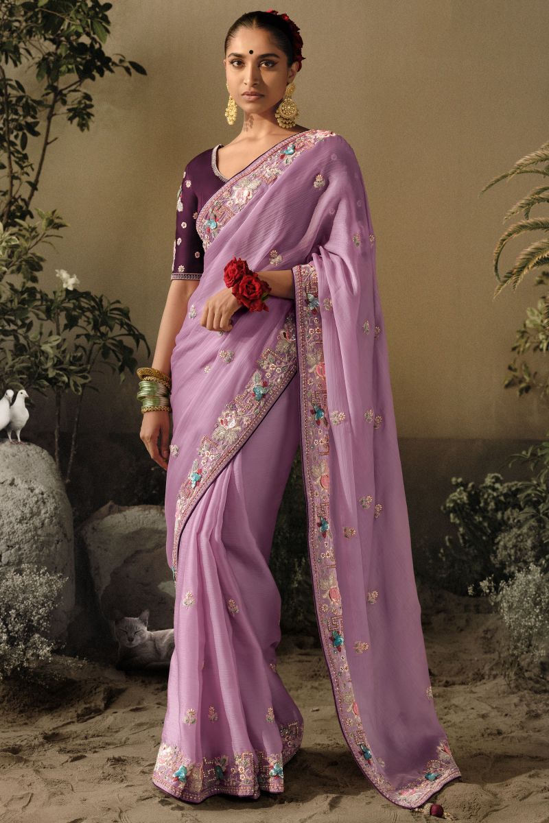 Art Silk Fabric Lavender Color Embroidered Border Work Saree With Designer Blouse