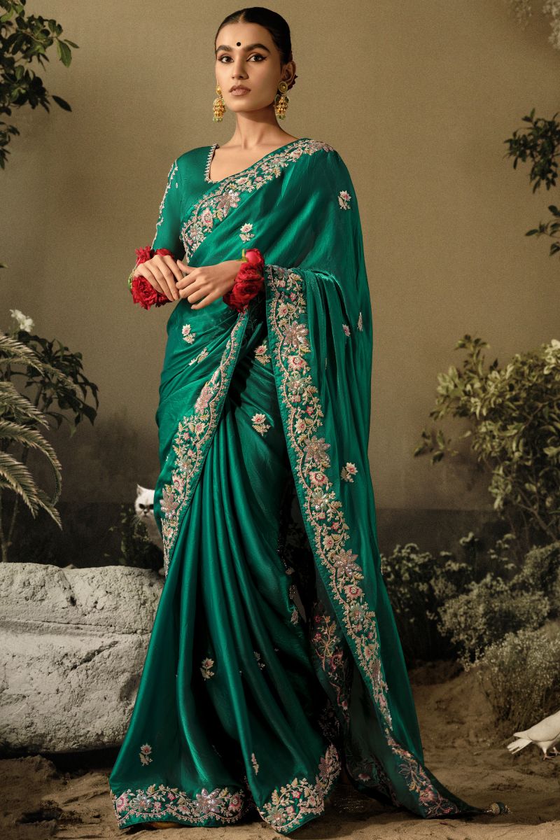 Green Color Art Silk Fabric Embroidered Border Work Saree With Designer Blouse