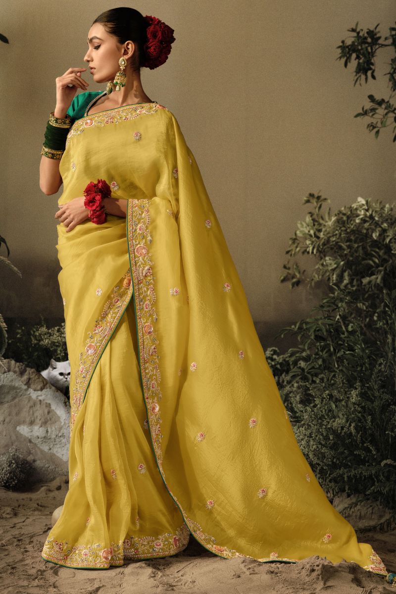 Yellow Color Festive Wear Art Silk Fabric Embroidered Border Work Saree With Designer Blouse