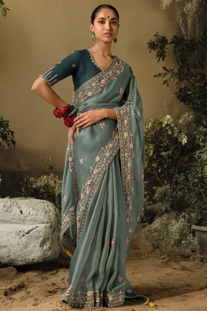 Function Wear Art Silk Fabric Grey Color Embroidered Border Work Saree With Designer Blouse