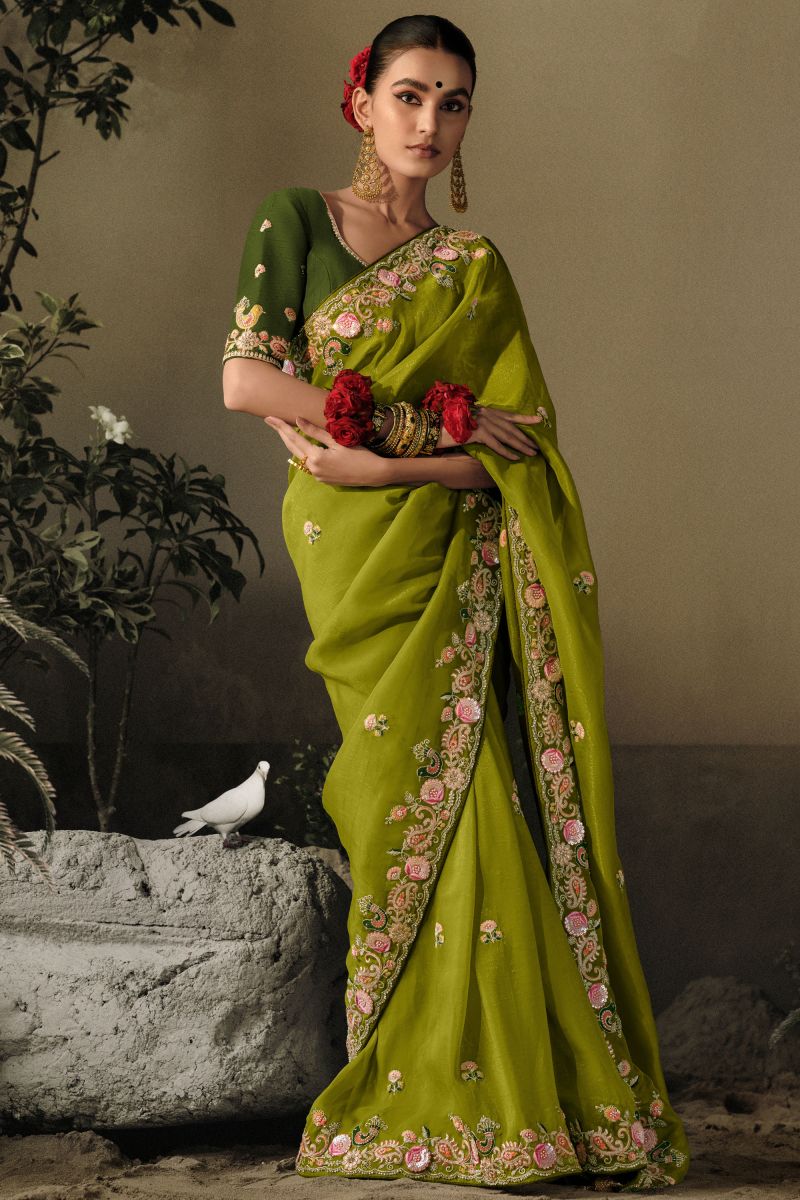 Green Color Art Silk Fabric Embroidered Border Work Wedding Wear Saree With Designer Blouse