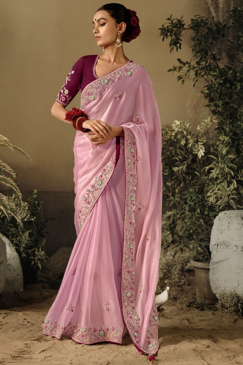 Pink Color Art Silk Fabric Party Wear Embroidered Border Work Saree With Designer Blouse