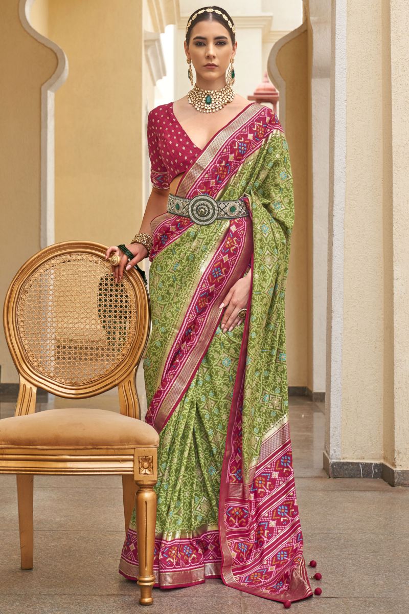 Green Color Printed Patola Silk Saree