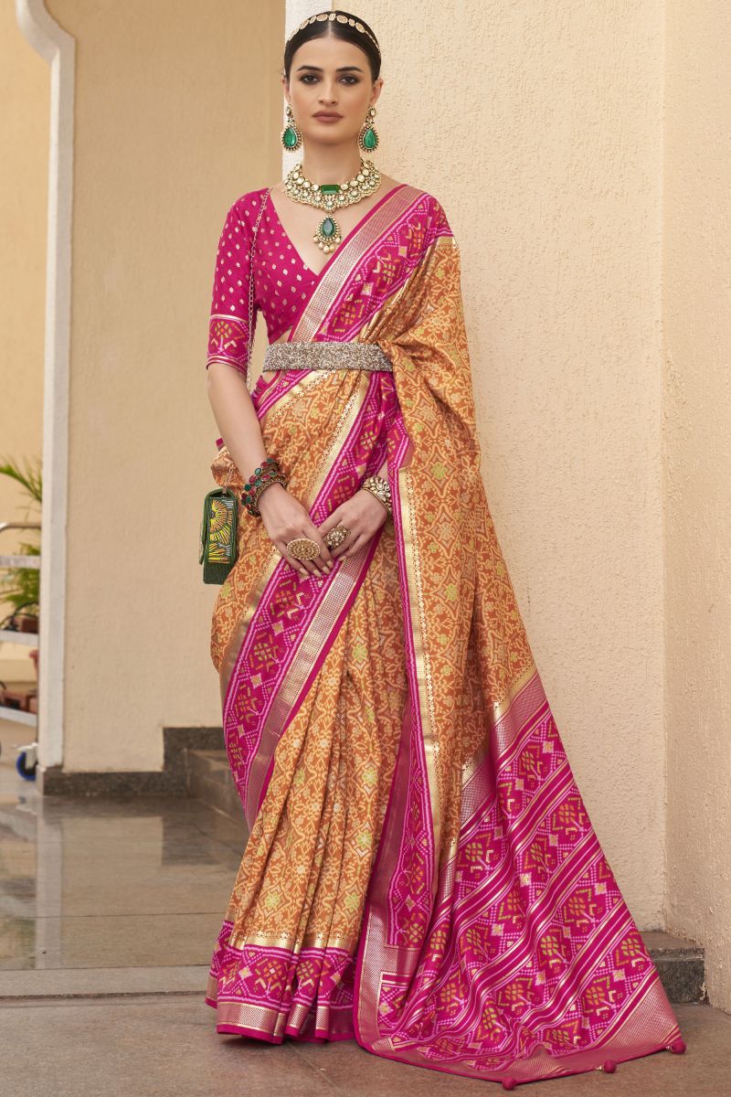 Peach Color Patola Silk Printed Fancy Saree