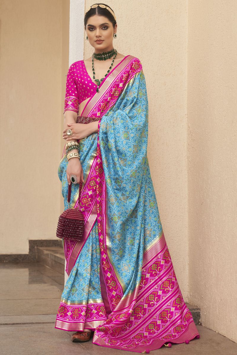 Function Wear Cyan Color Patola Silk Designer Printed Saree