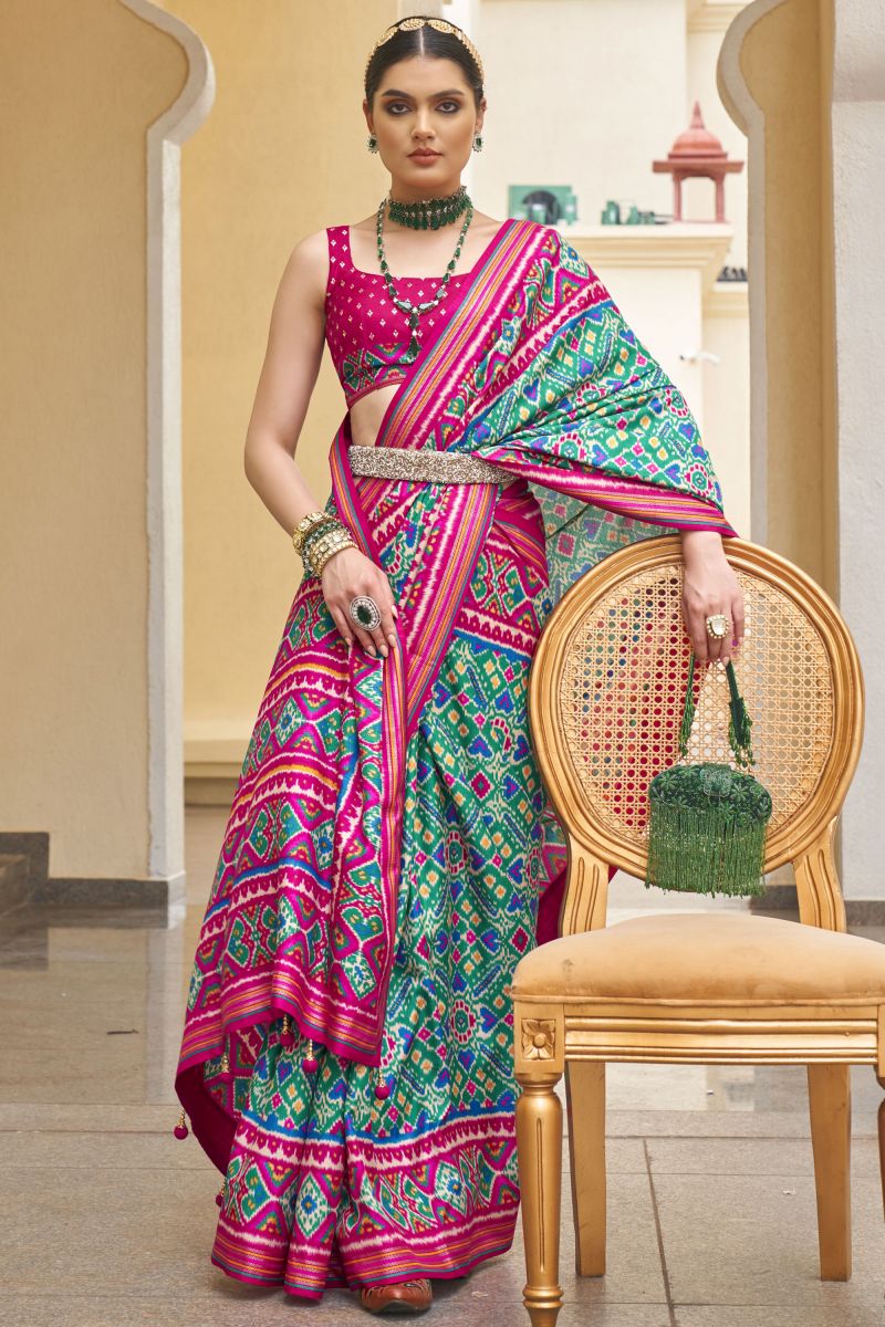 Cyan Color Function Wear Designer Patola Silk Printed Saree