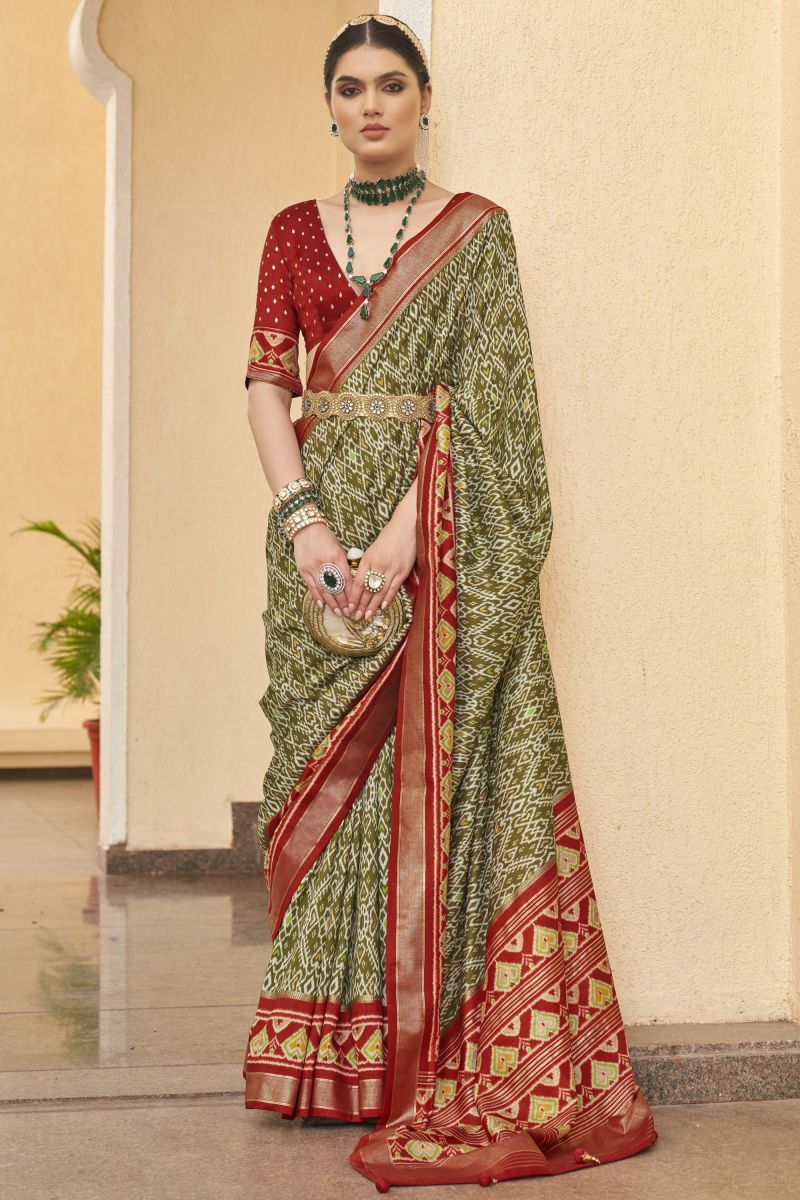 Olive Color Patola Silk Printed Function Wear Saree