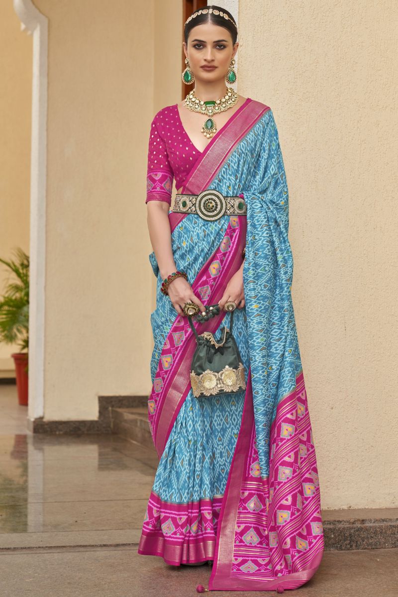 Cyan Color Function Wear Trendy Printed Saree In Patola Silk Fabric