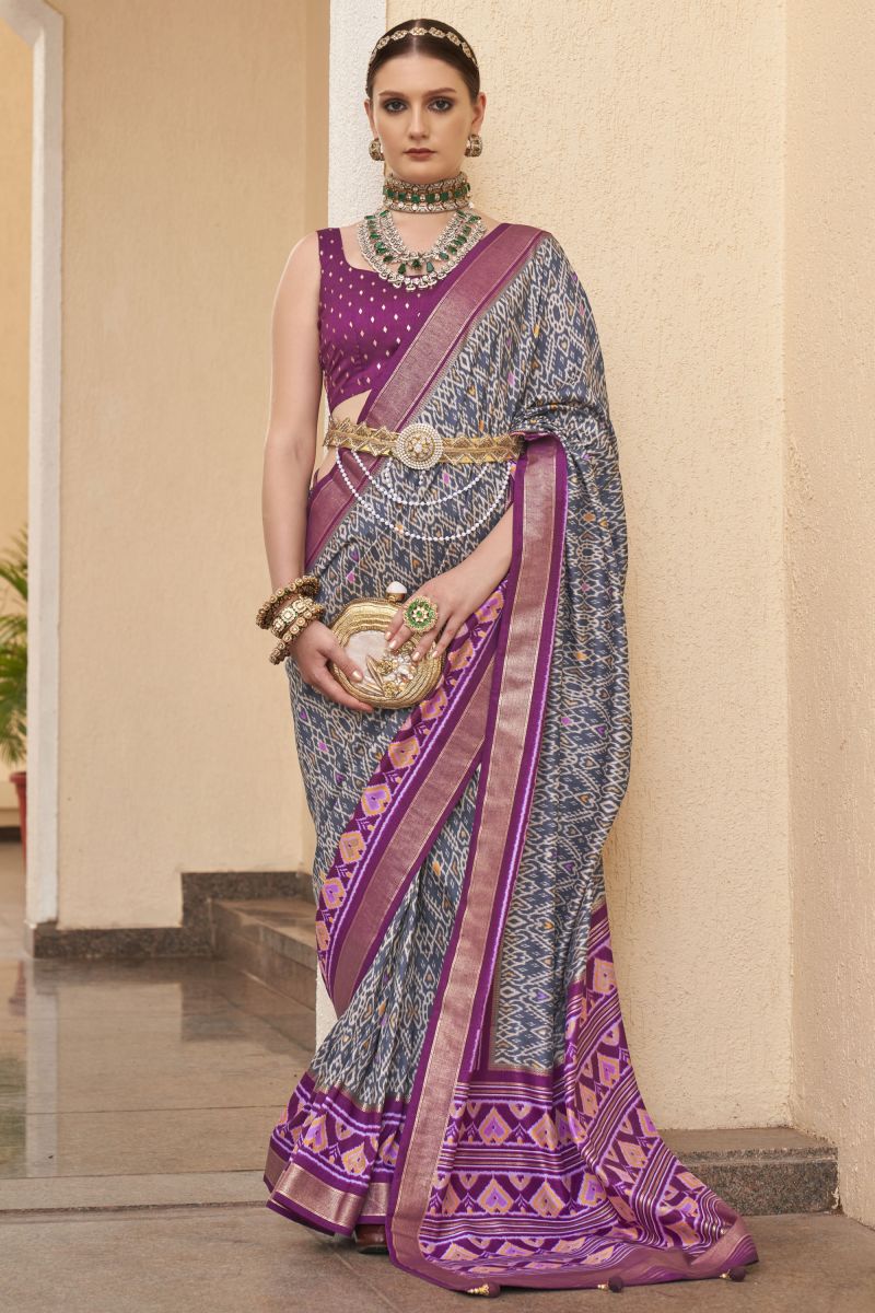 Grey Color Printed Patola Silk Saree