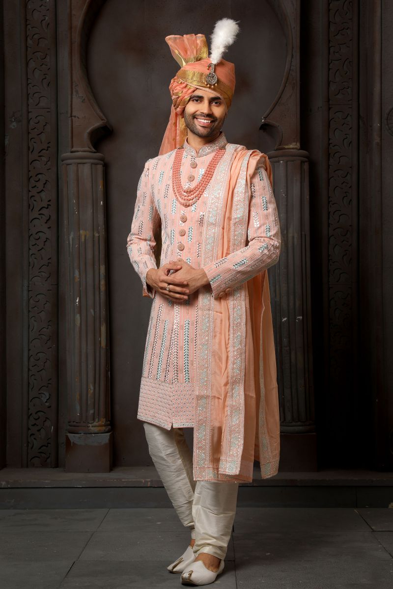 Peach Color Georgette Fabric Wedding Wear Readymade Sherwani For Men