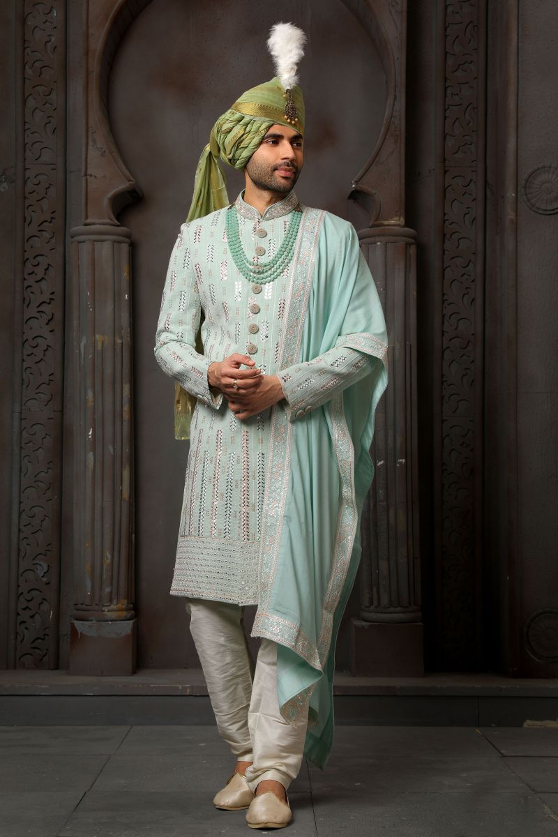 Georgette Fabric Sea Green Color Wedding Wear Readymade Men Stylish Sherwani