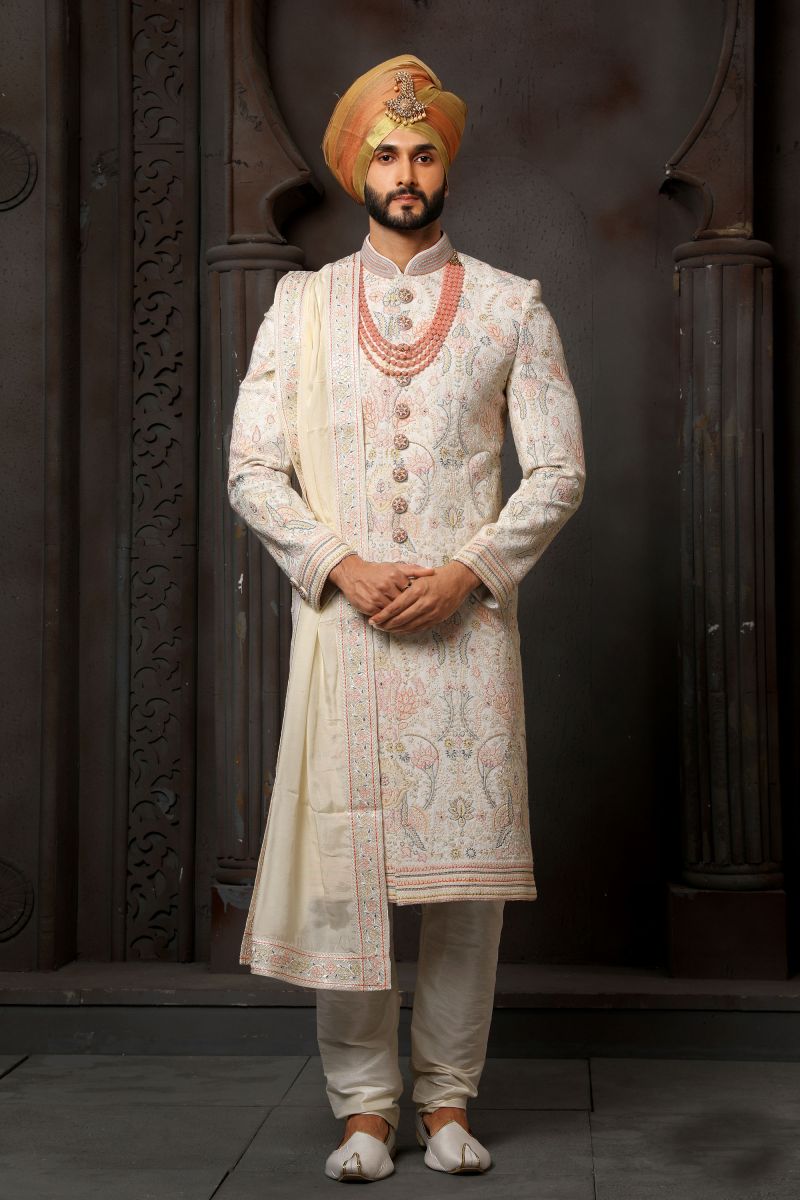 Cream Gorgeous Georgette Fabric Wedding Wear Readymade Sherwani For Men