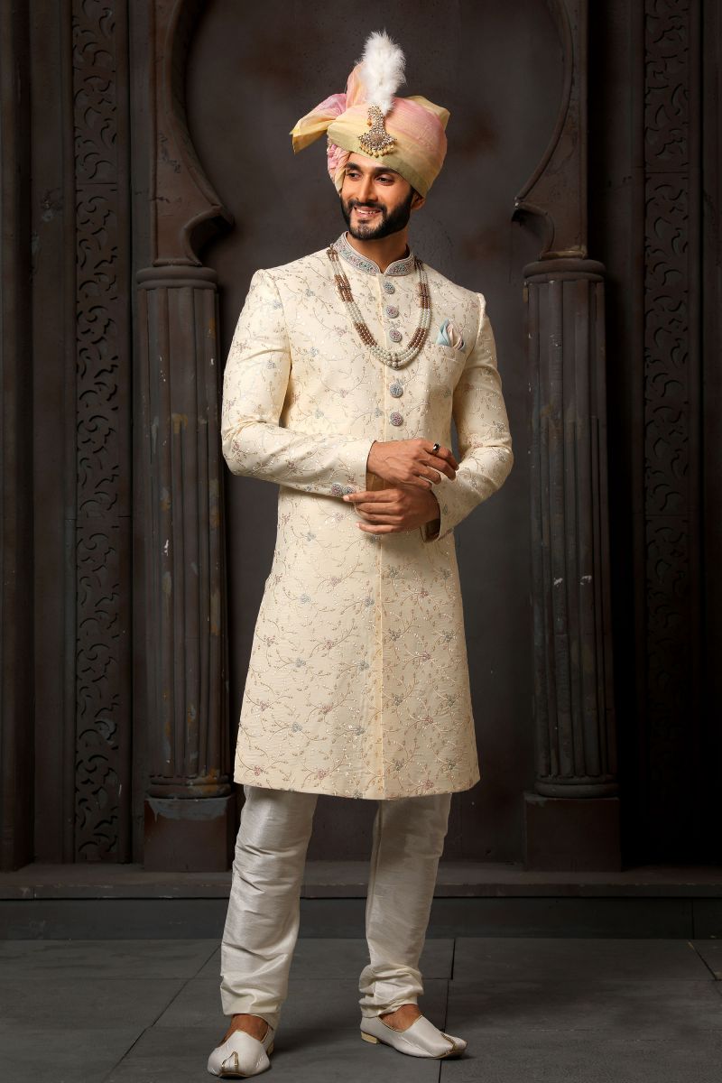 Art Silk Fabric Wedding Wear Readymade Men Sherwani In Cream Color