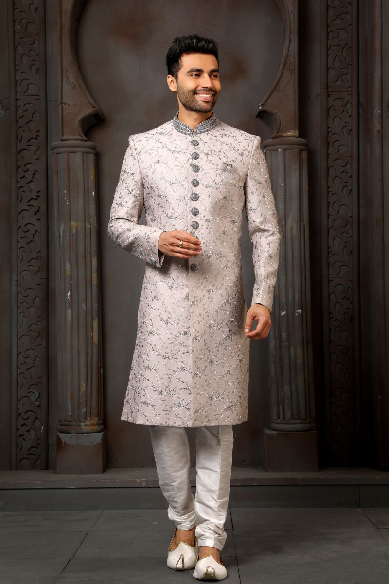 Grey Color Wedding Wear Readymade Sherwani For Men In Art Silk Fabric