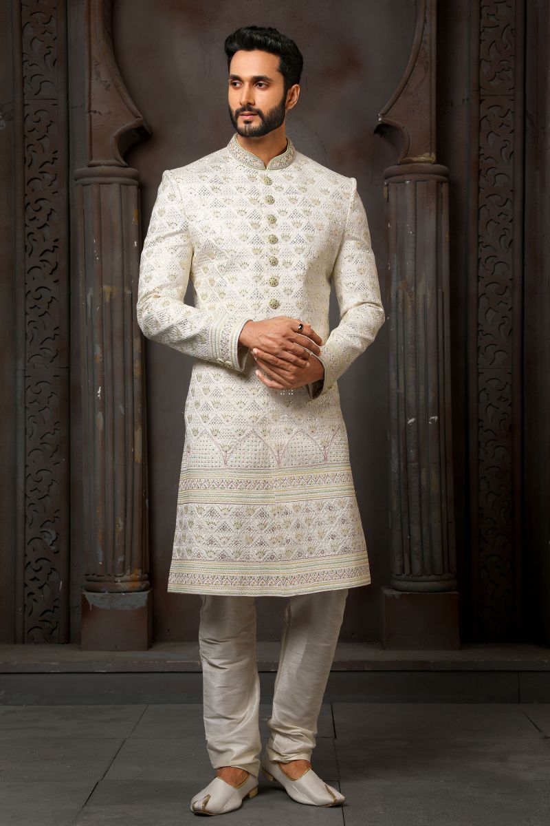 Art Silk Wedding Wear Attractive Readymade Men Sherwani In Cream Color