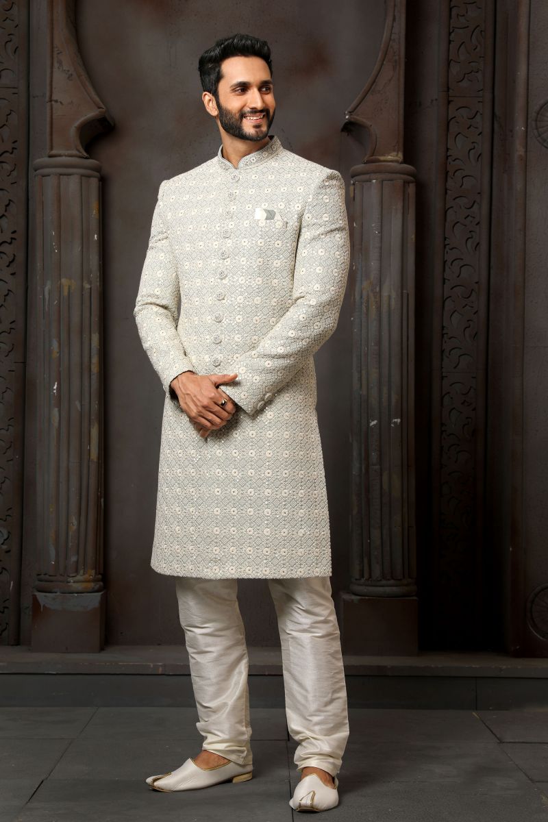 Light Cyan Art Silk Fabric Magnificent Readymade Men Sherwani For Wedding Wear