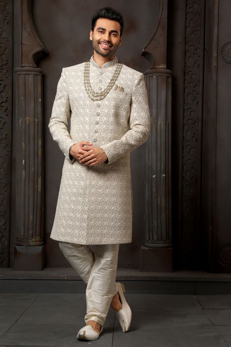 Art Silk Beige Magnificent Readymade Men Sherwani For Wedding Wear