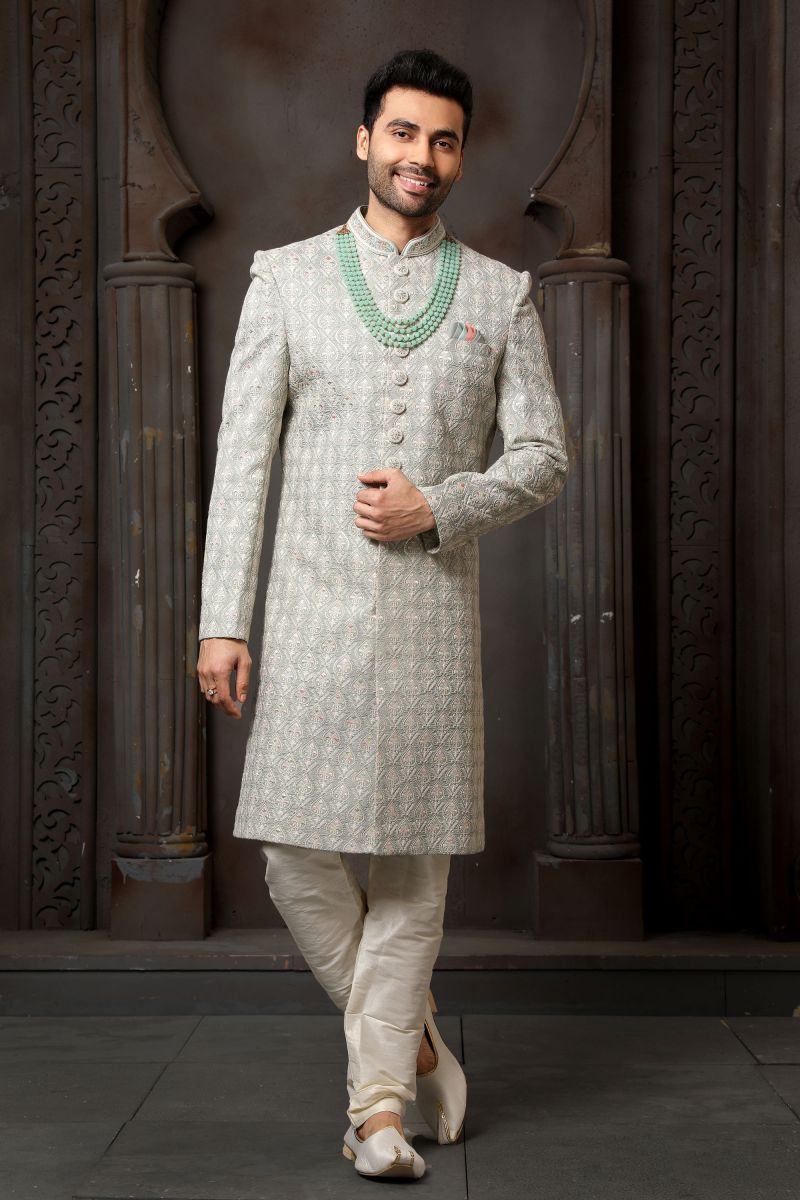 Art Silk Fabric Heavy Embroidered Grey Color Wedding Wear Designer Readymade Sherwani For Men