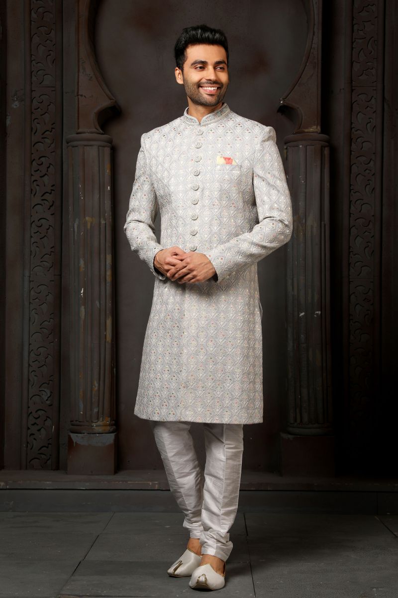 Heavy Embroidered Grey Color Wedding Wear Art Silk Fabric Designer Readymade Sherwani For Men