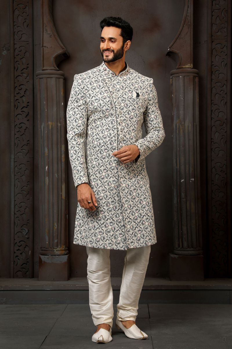 Art Silk Fabric Designer Heavy Embroidered Wedding Wear Readymade Sherwani For Men In Off White Color