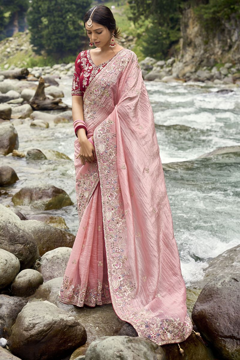 Pink Color Fancy Silk Fabric Saree With Embroidered Work