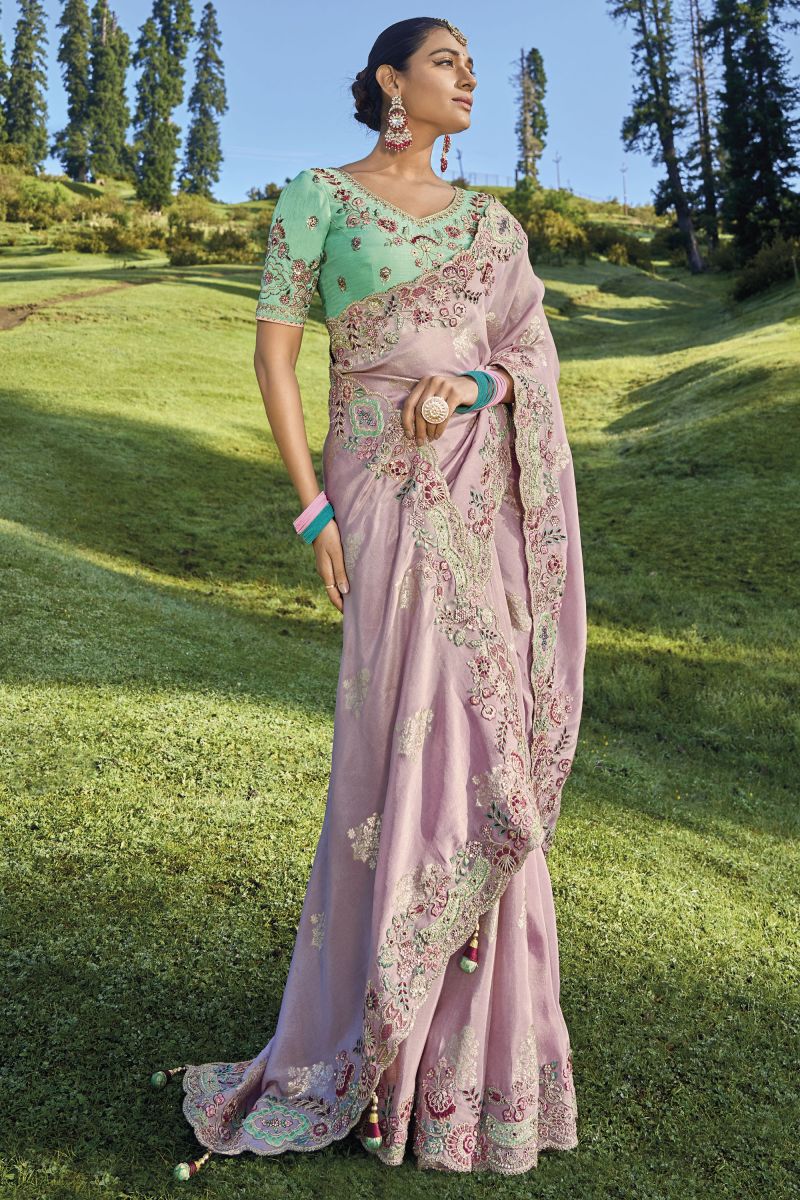 Embroidered Work On Saree In Pink Color Fancy Silk Fabric