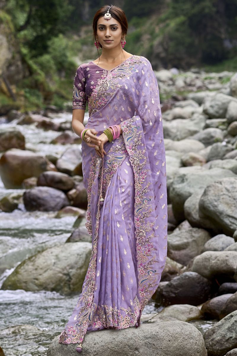 Embroidered Work On Fancy Silk Fabric Saree In Lavender Color