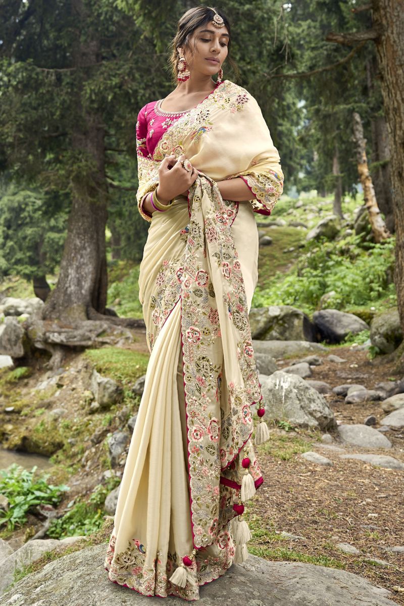 Beige Color Fancy Silk Fabric Saree With Embroidered Work