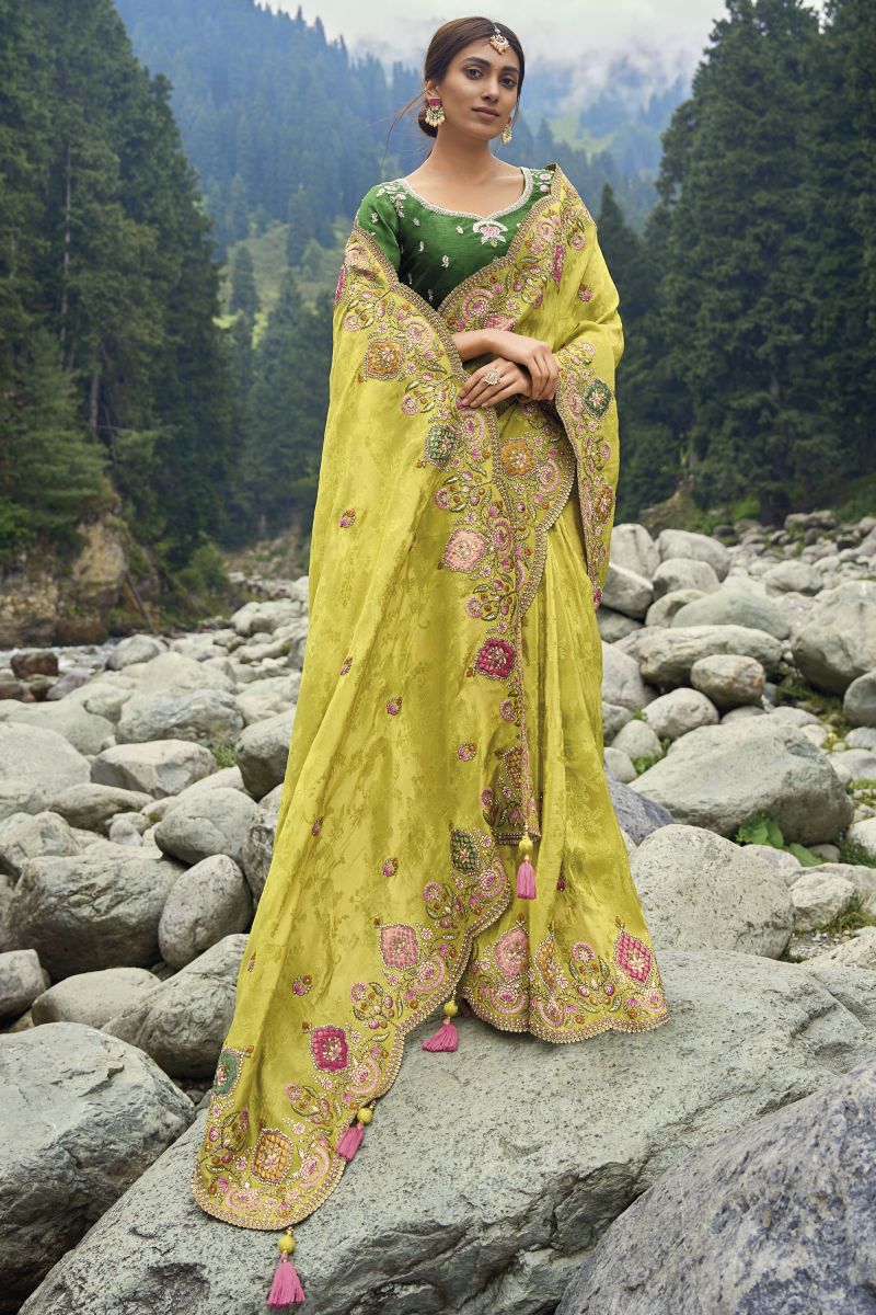 Silk Fabric Embroidered Work On Saree In Green Color