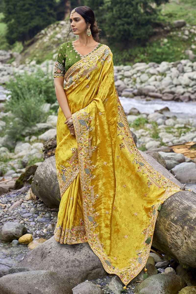 Silk Fabric Yellow Color Saree With Embroidered Work