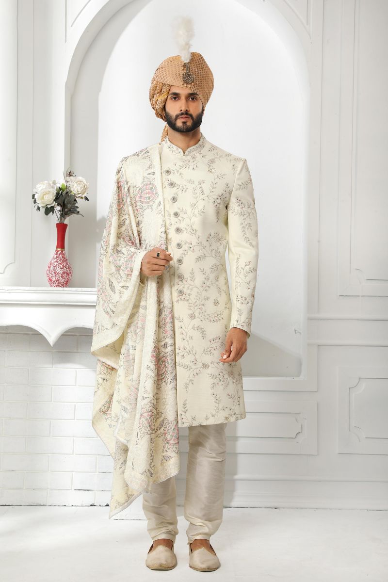 Cream Color Art Silk Wedding Wear Sherwani For Men