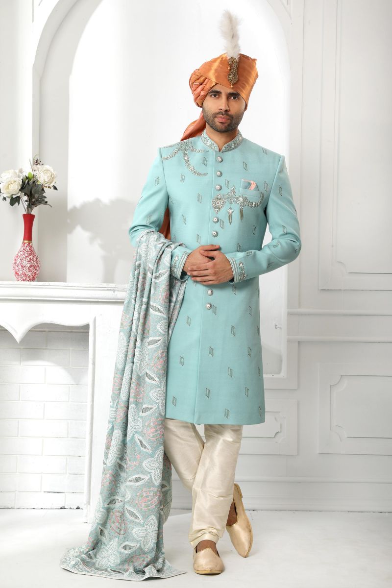 Cyan Color Art Silk Wedding Wear Readymade Sherwani For Men