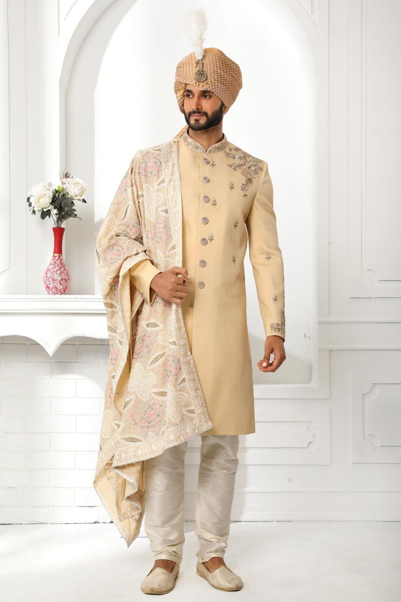 Art Silk Wedding Wear Readymade Sherwani For Men In Beige Color