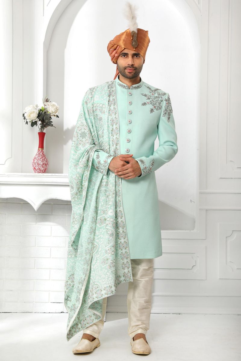 Sea Green Color Art Silk Wedding Wear Sherwani For Men