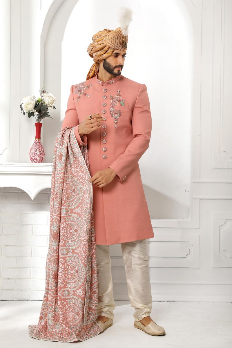 Peach Color Wedding Wear Readymade Sherwani For Men In Art Silk Fabric