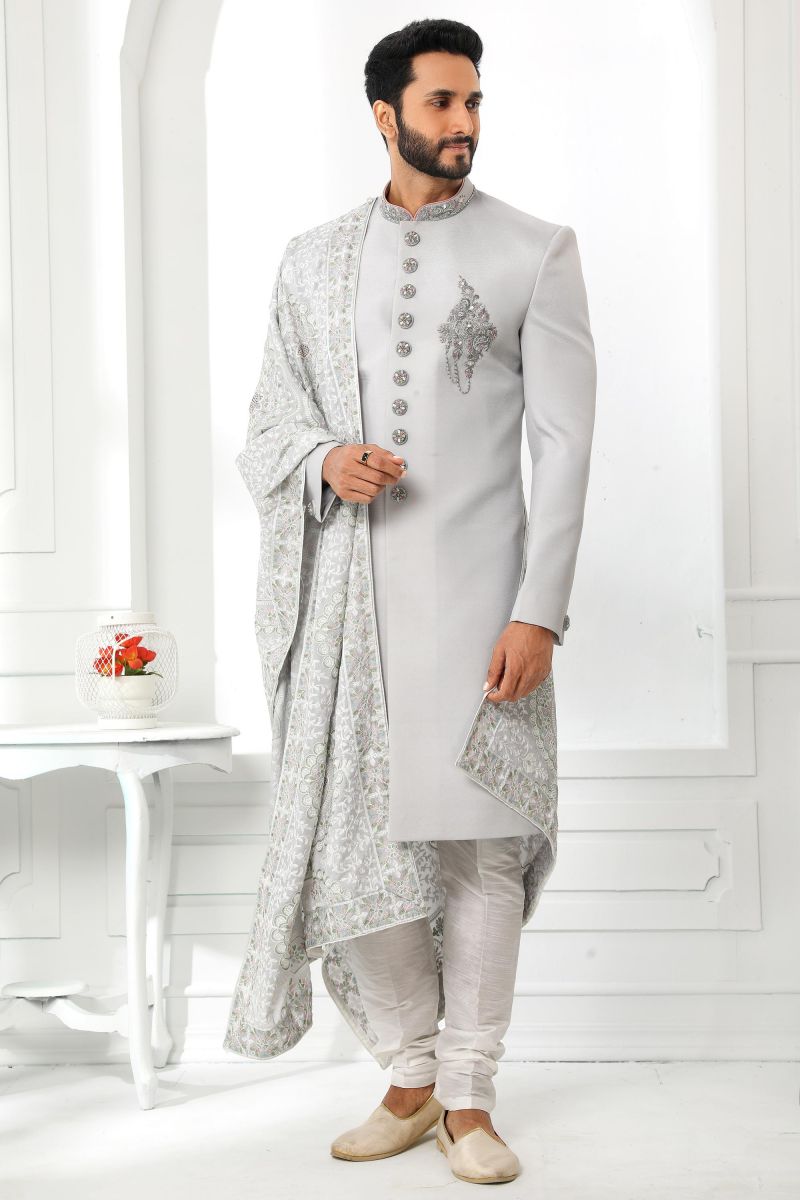 Grey Color Wedding Wear Readymade Art Silk Sherwani For Men