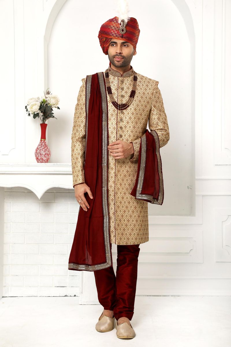 Beige Color Art Silk Wedding Wear Sherwani For Men