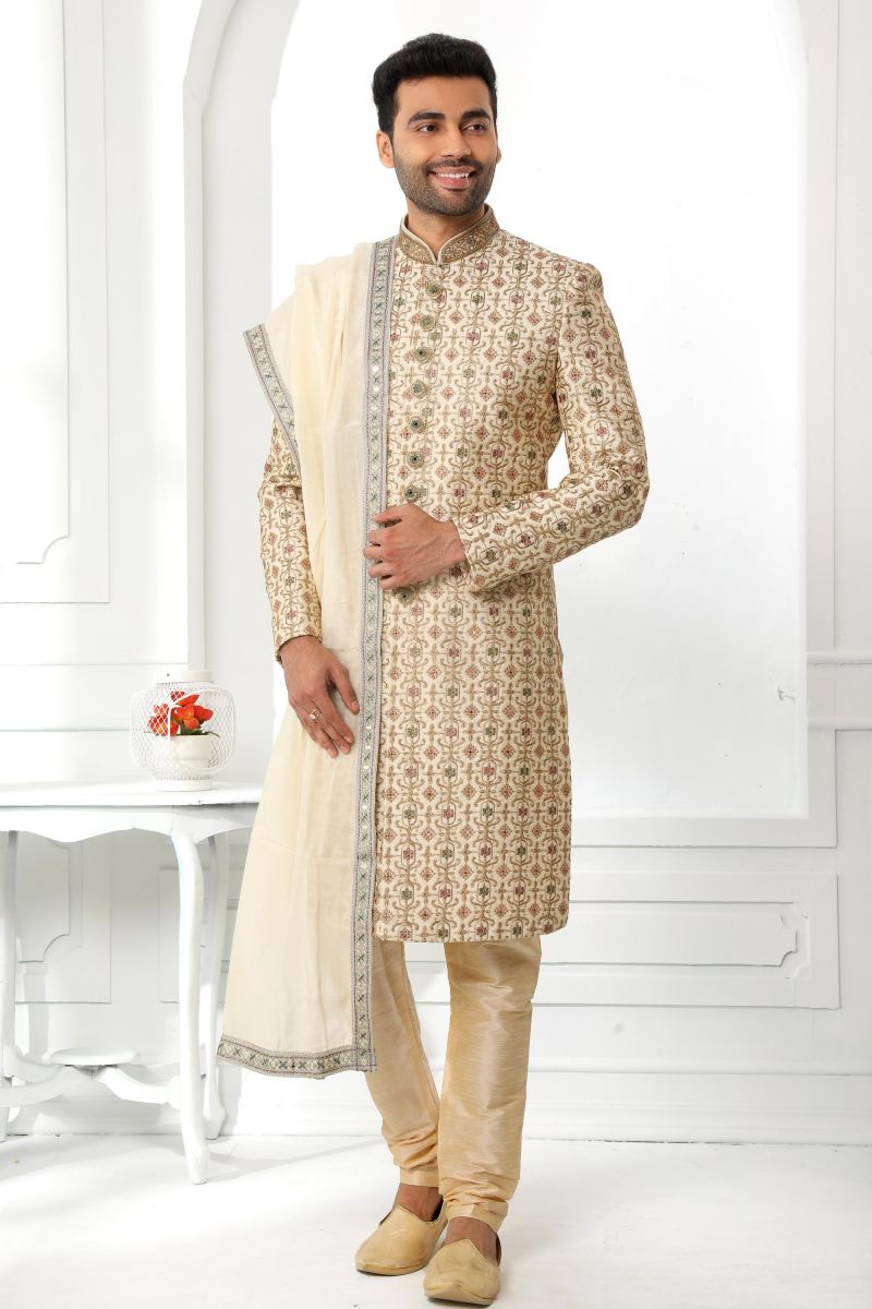 Cream Color Art Silk Wedding Wear Readymade Sherwani For Men