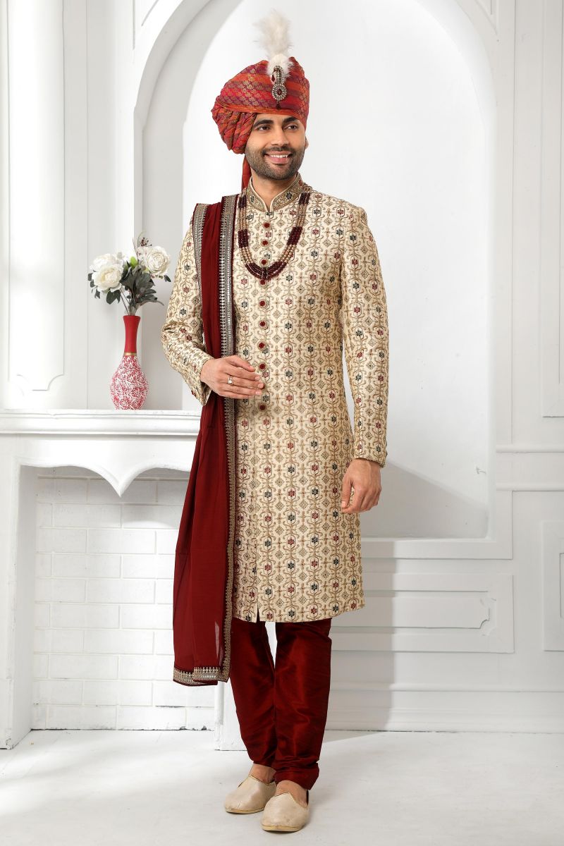 Art Silk Wedding Wear Sherwani For Men In Cream Color