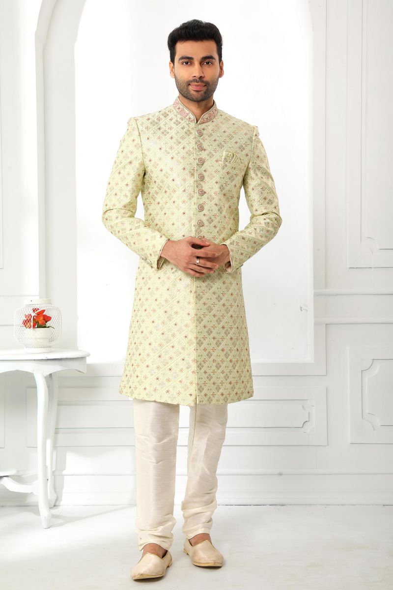 Art Silk Wedding Wear Sherwani In Sea Green Color