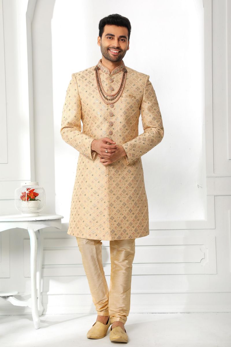 Beige Color Art Silk Wedding Wear Readymade Sherwani For Men