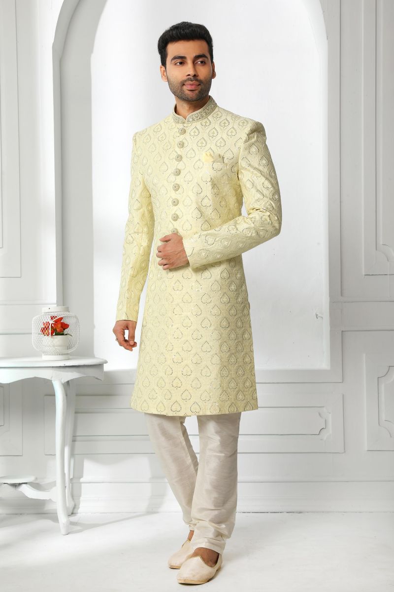 Yellow Color Art Silk Wedding Wear Magnificent Sherwani For Men