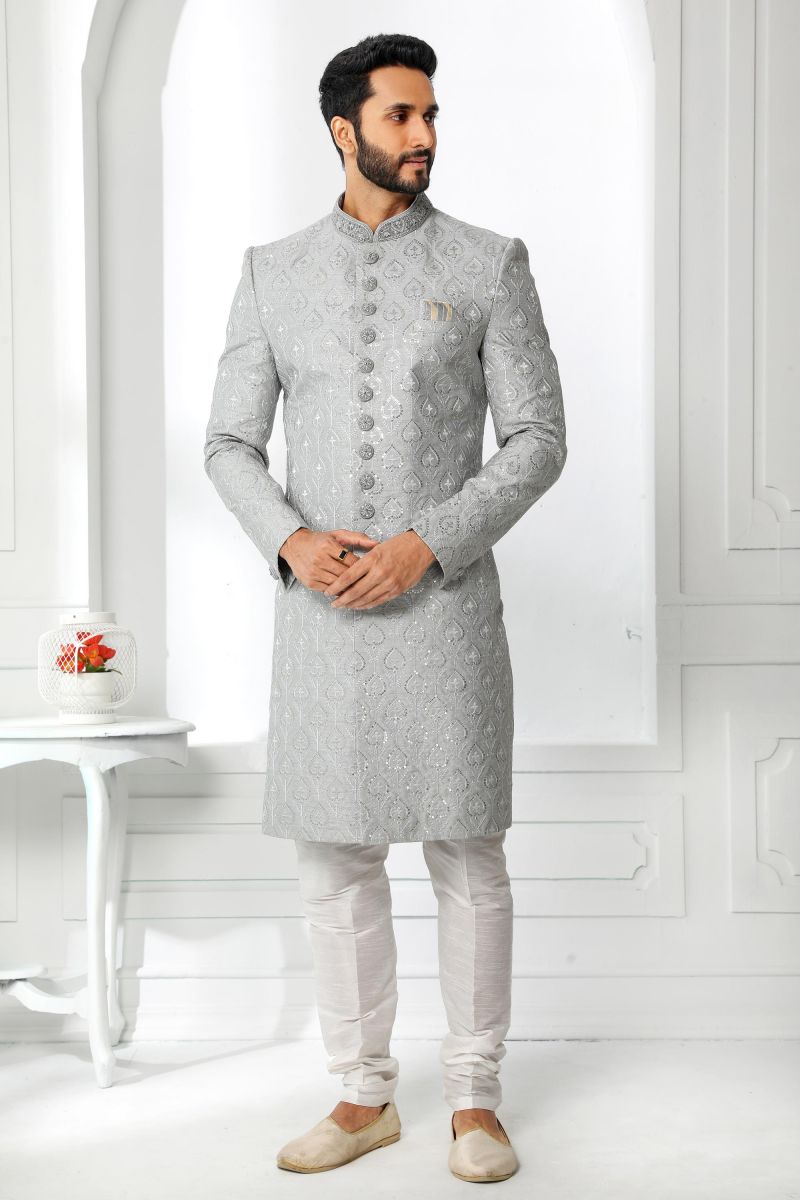 Art Silk Wedding Wear Readymade Sherwani For Men In Artistic Grey Color