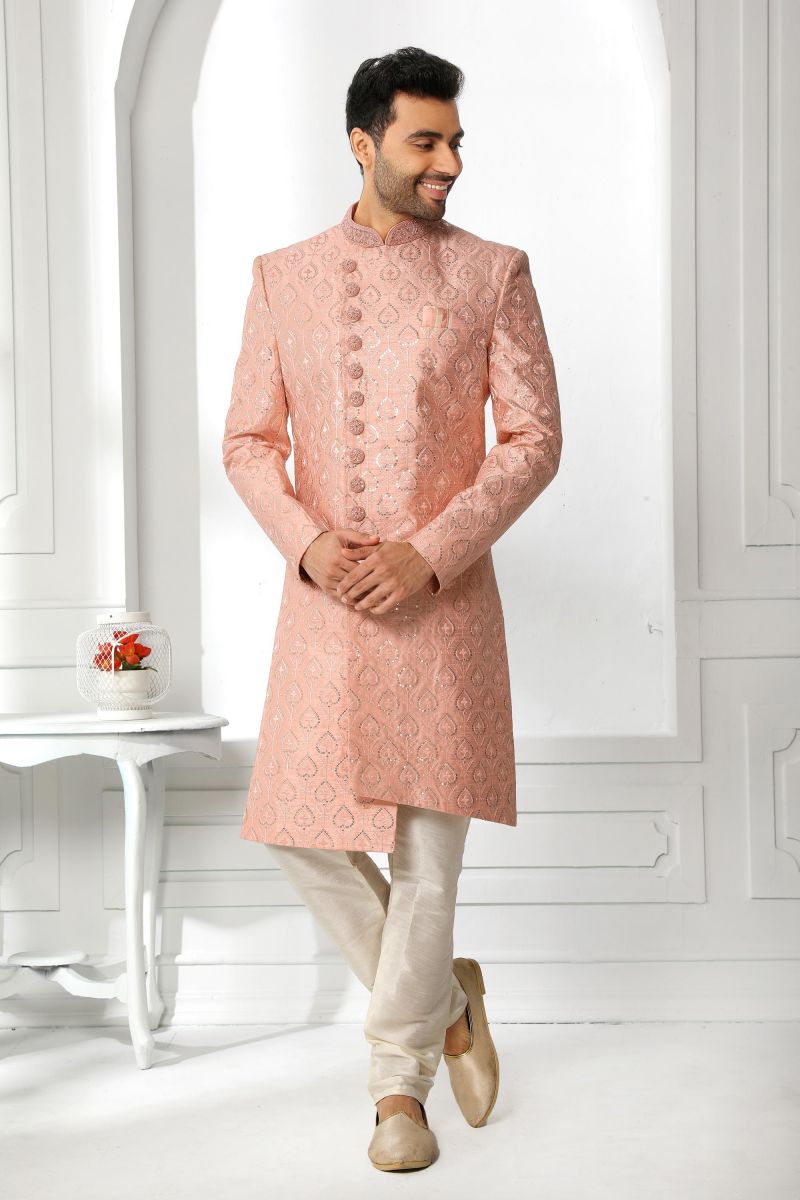 Peach Color Art Silk Wedding Wear Sherwani For Men