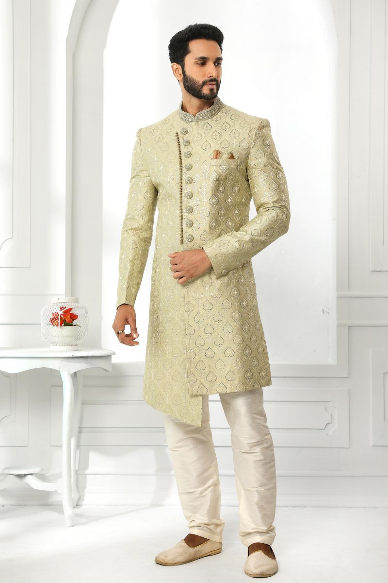 Green Color Wedding Wear Readymade Sherwani For Men In Art Silk Fabric